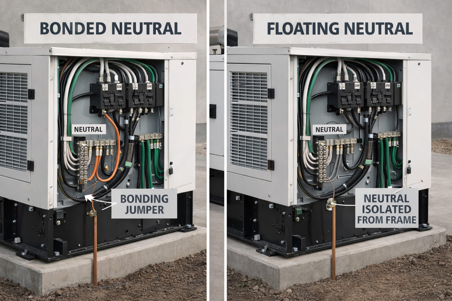 Side-by-side comparison of bonded neutral and floating neutral generator configurations showing internal neutral-to-frame bonding differences.