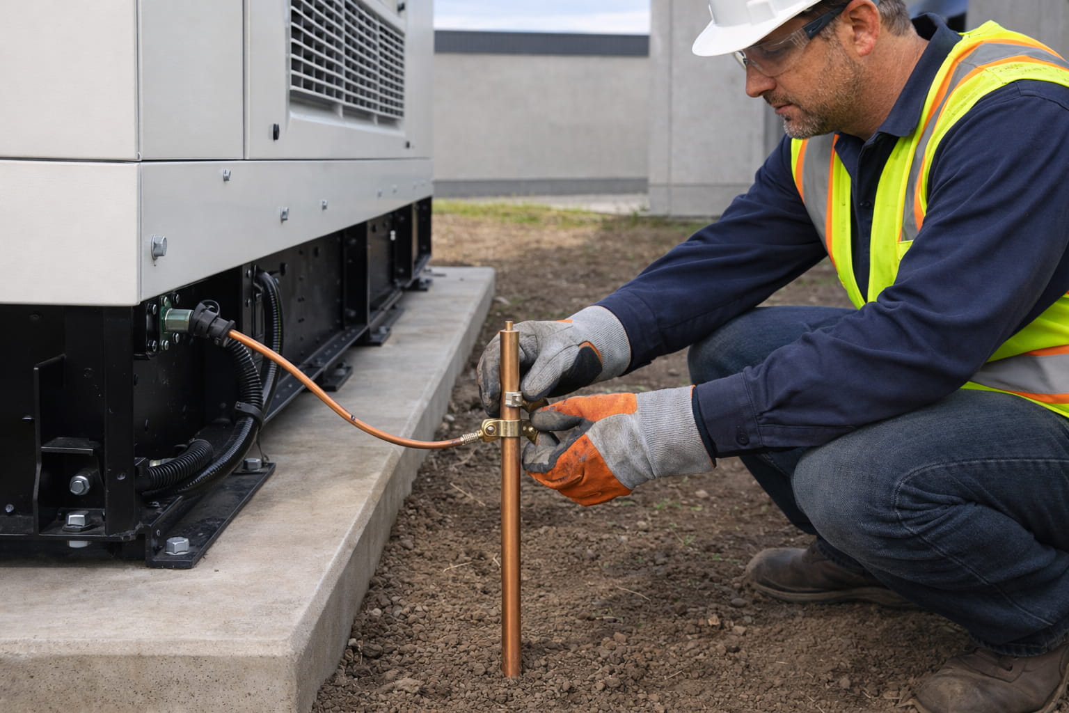 Technician installing a grounding rod and copper grounding conductor for a commercial standby generator as part of NEC-compliant generator grounding.