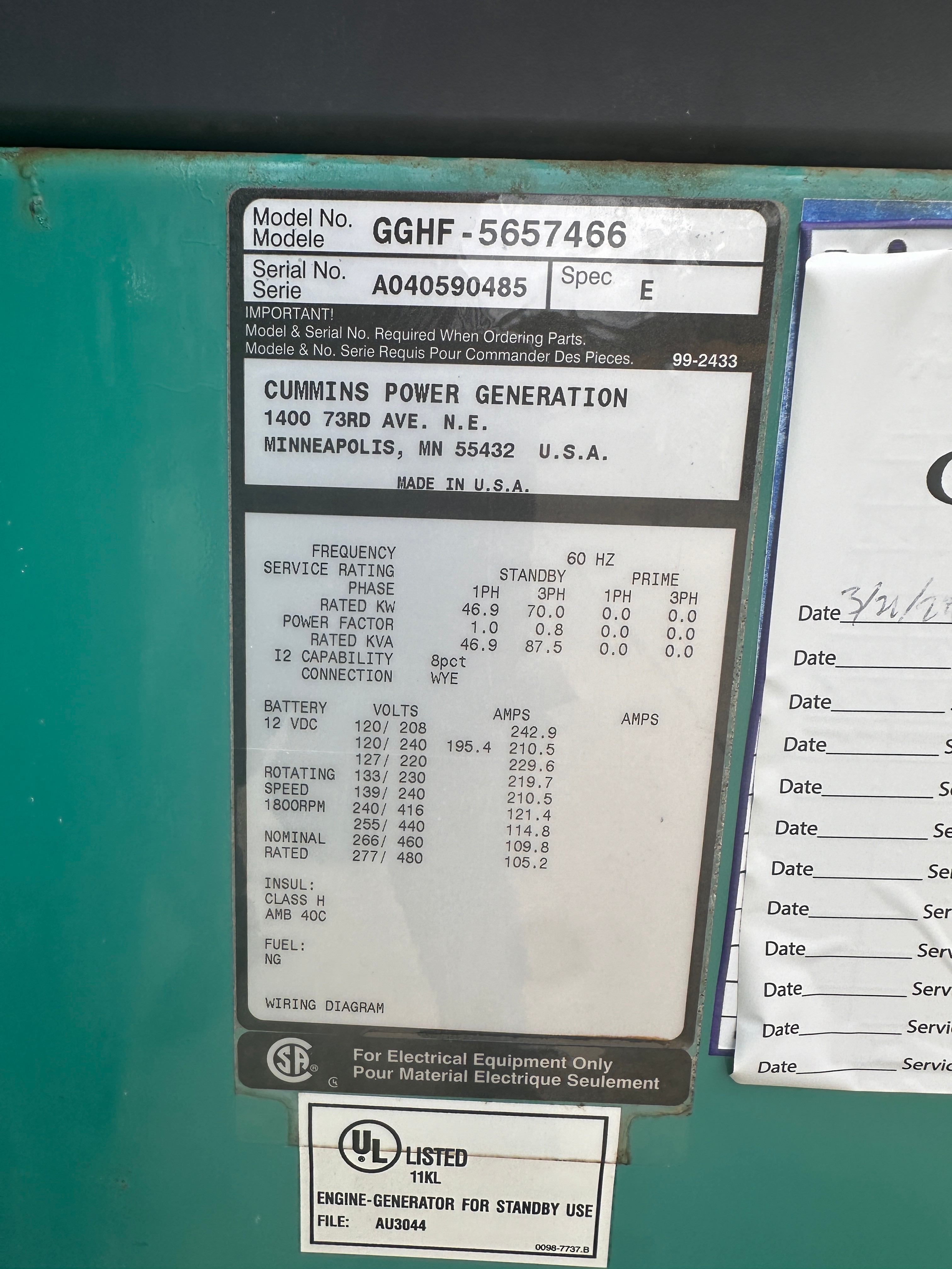 Used Cummins kW Generator Set 