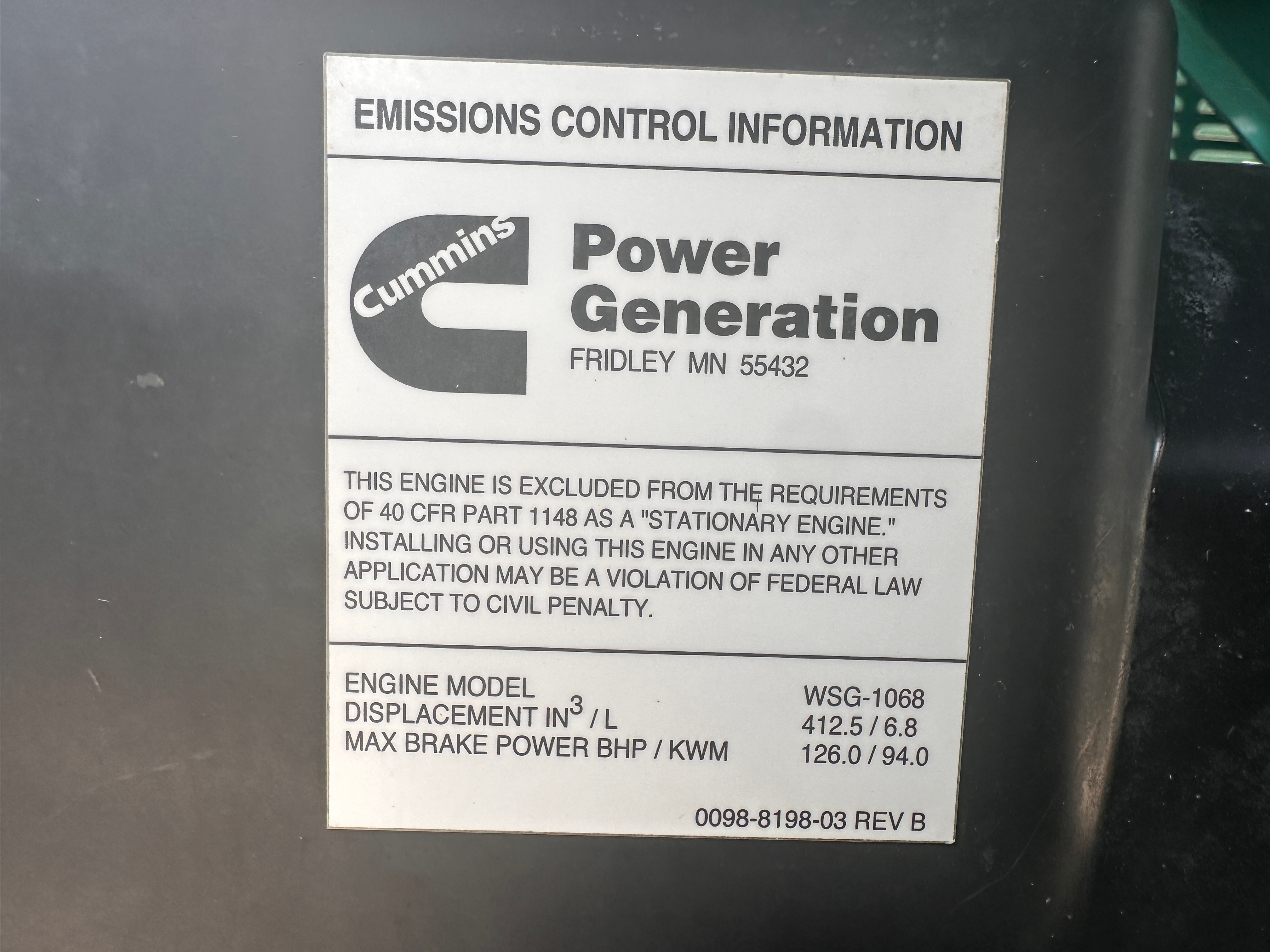 Used Cummins kW Generator Set  