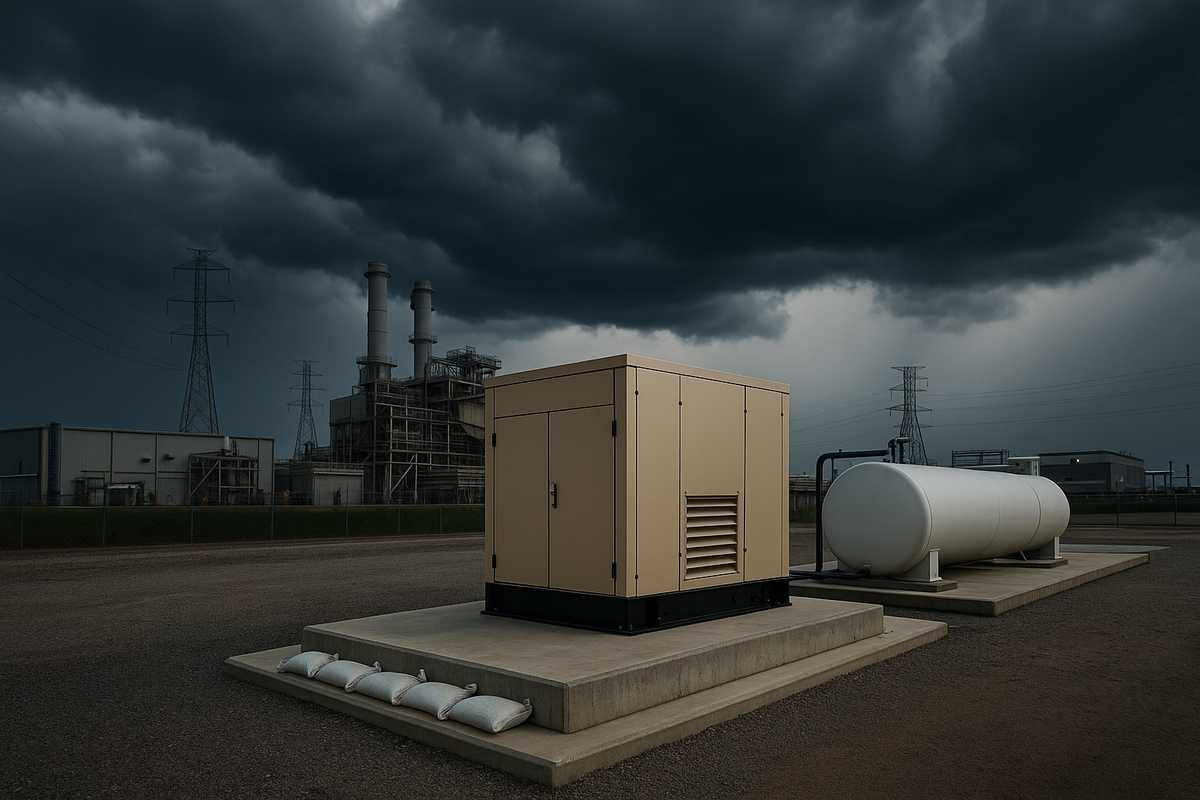 Hurricane Season 2025 – Critical Generator Preparations for Gulf Coast Industries Industrial facility on the Gulf Coast under dark storm clouds, with a large diesel generator secured on a concrete pad, sandbags placed in front, and an anchored white fuel tank nearby, symbolizing hurricane preparedness and reliability.