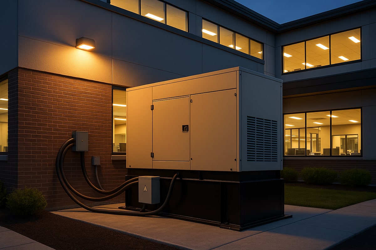 how does a generator work-min Large commercial generator on a concrete platform powering a modern two-story office building at twilight, with warm interior lights showing the business in operation.