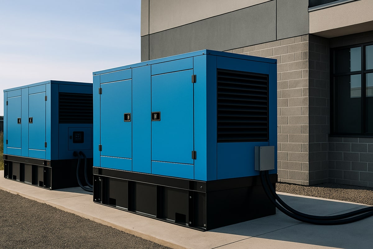 parallel-generators-min Two large blue commercial generators installed side by side on a concrete pad outside a modern office building, with electrical conduits connecting the units to the facility, symbolizing reliable backup power for business operations.
