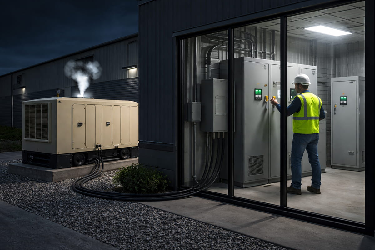 What Is an Automatic Transfer Switch (1) Commercial facility using an automatic transfer switch to supply power from a standby generator during a utility outage, showing reliable backup power operation.