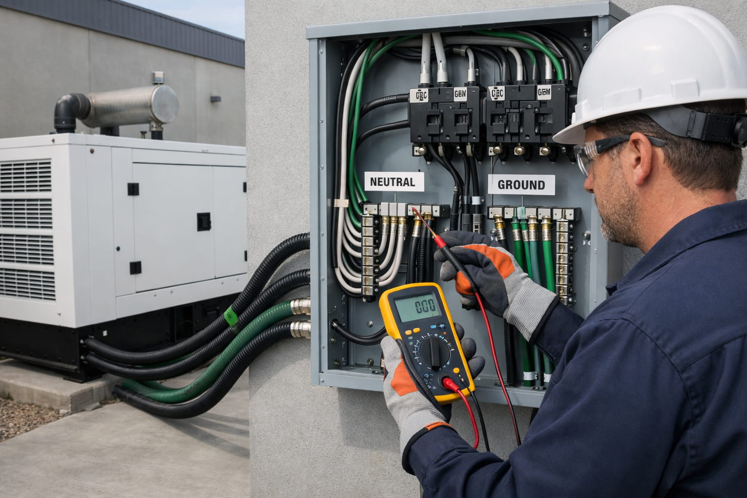 generator-grounding-bonding-transfer-switch (1) Electrician testing neutral and ground separation in a commercial generator transfer switch panel to verify proper generator grounding and bonding configuration.